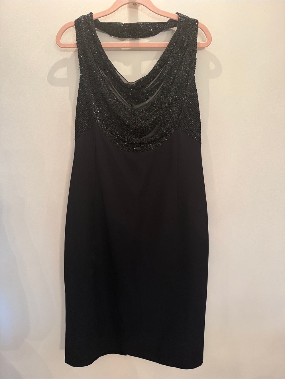Carmen Marc Valvo Black Beaded Draped Neck Midi Dress